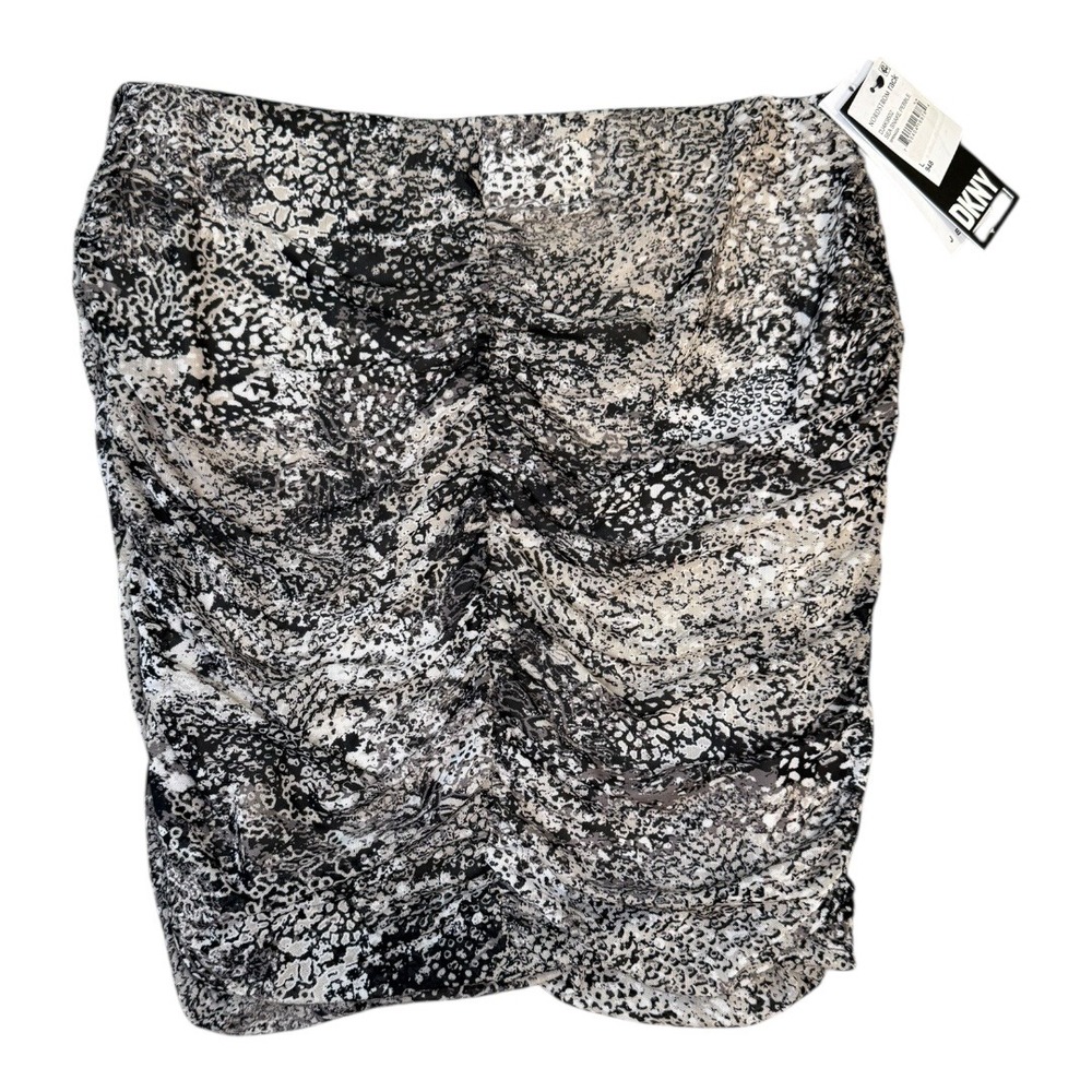 DKNY Jeans Ruched Mini Skirt Snake Print Bodycon‎ Party Black Beige Large NWT